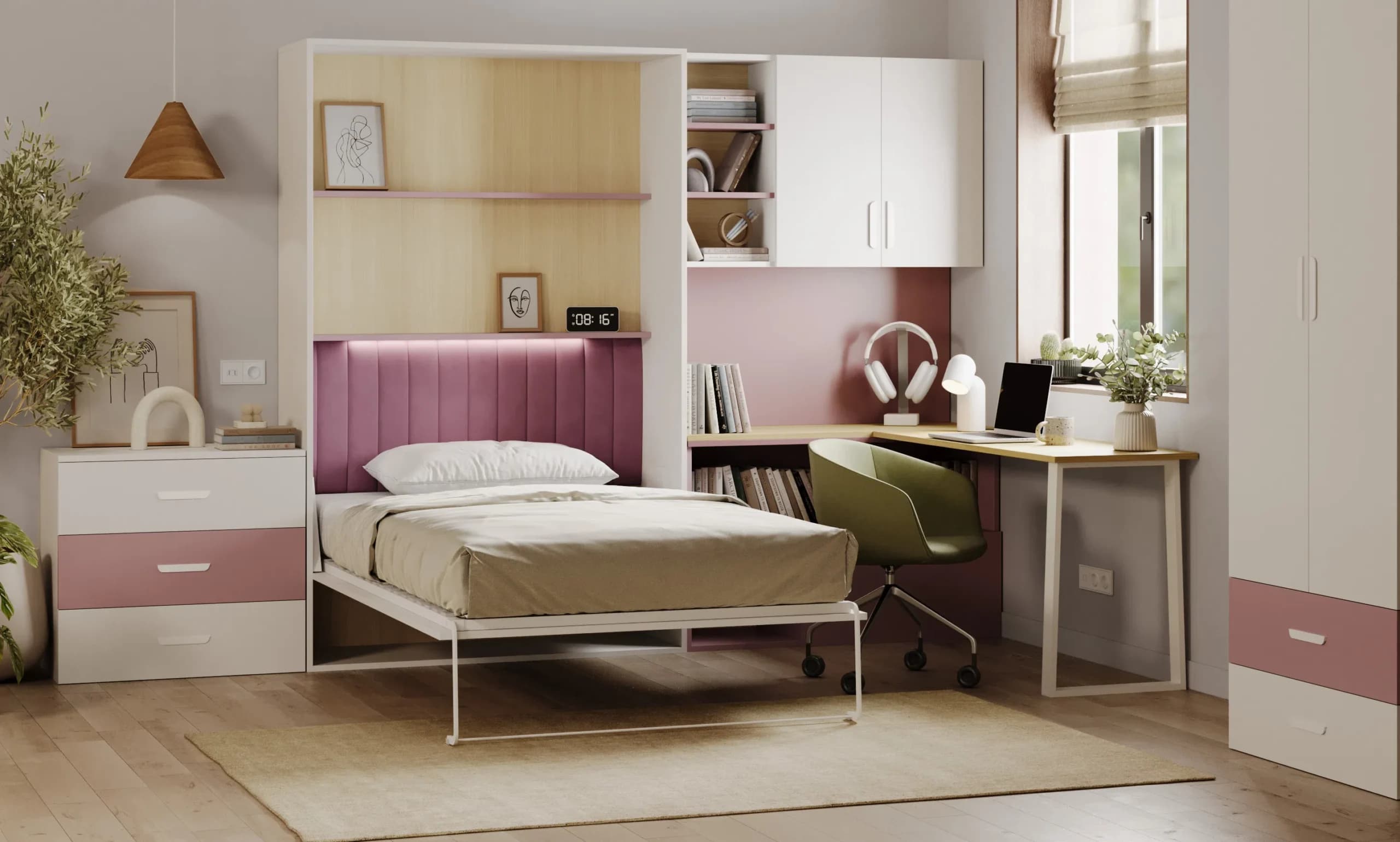Półkotapczan + regał z biurkiem Flexi Bed Lumio – kaszmir / Mistyczna Róża