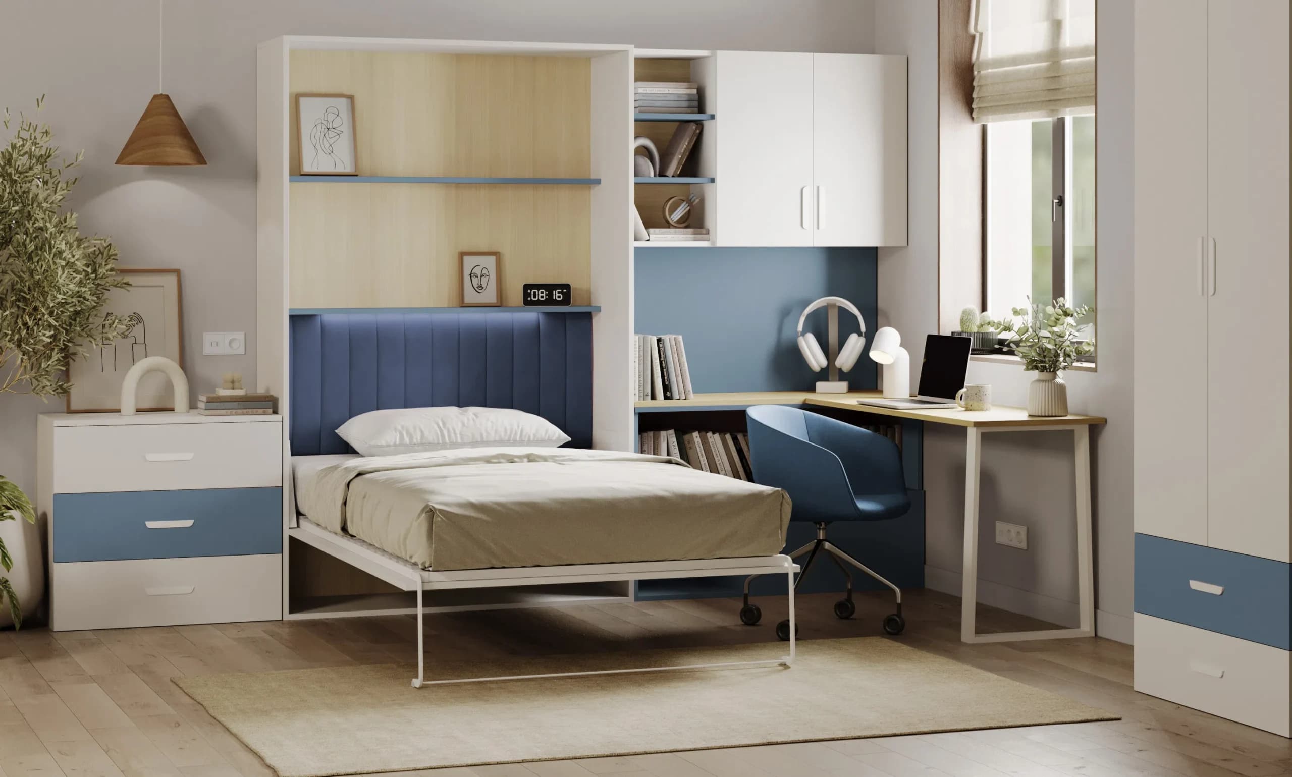 Półkotapczan + regał z biurkiem Flexi Bed Lumio – kaszmir / niebieski Mglisty