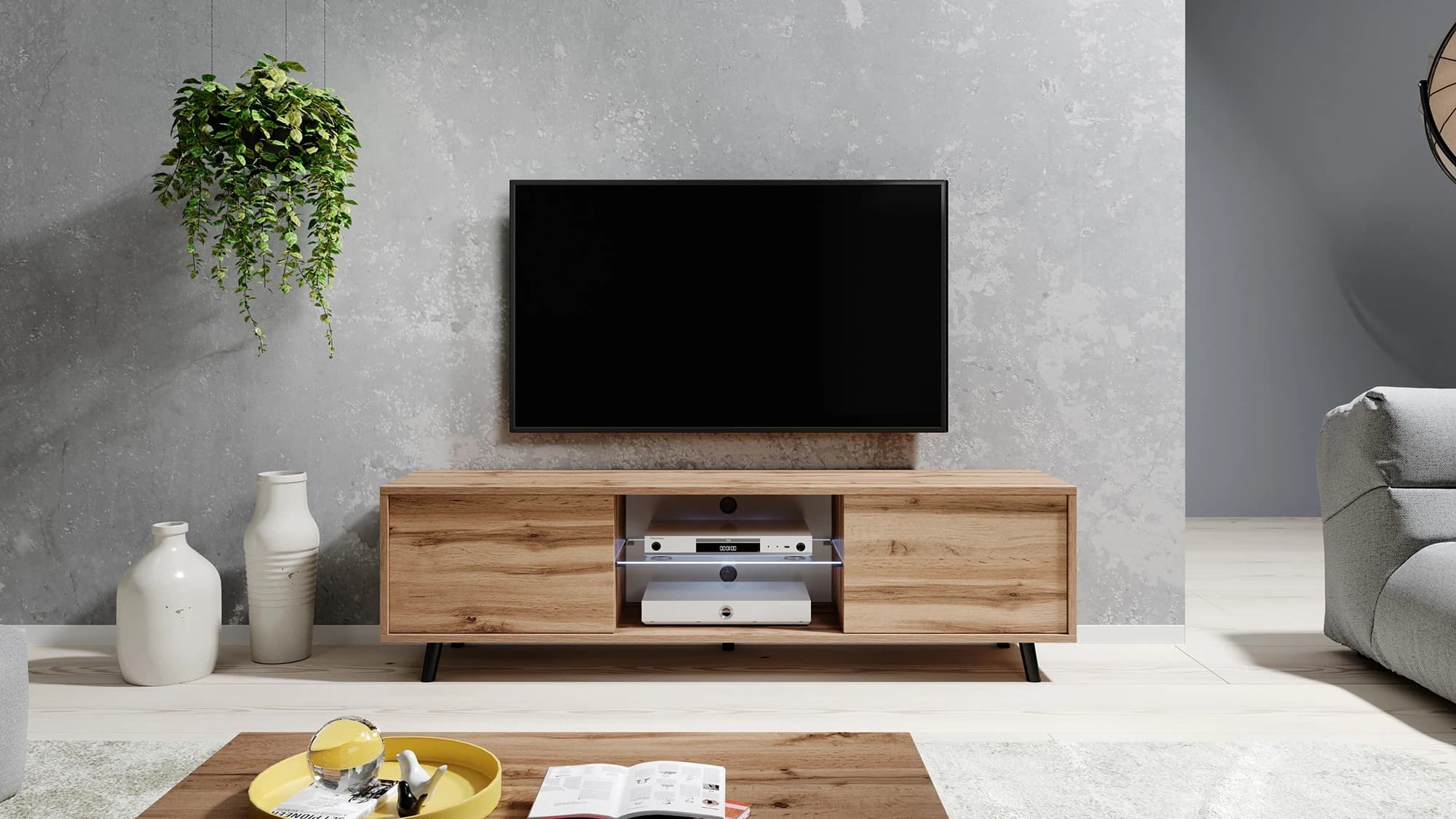 Szafka RTV Luna 1 – 140 cm z Oświetleniem LED | Biała / Czarna / Dąb Artisan